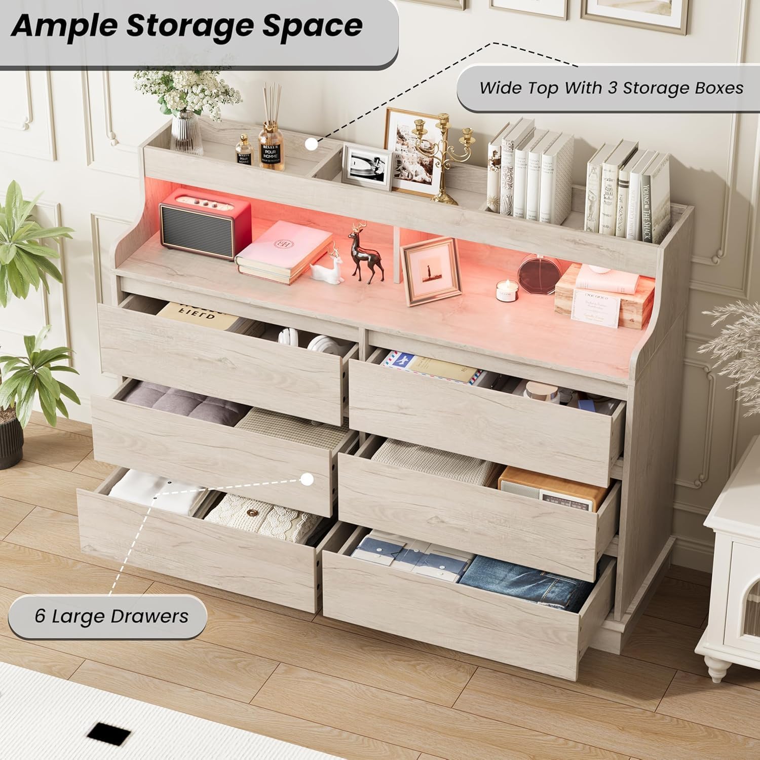 Garvee LED Dresser with Charging Station - Modern 5-Drawer 47' Wide Wooden Chest, Storage Organizer for Bedroom, Nursery, Hallway & Apartments