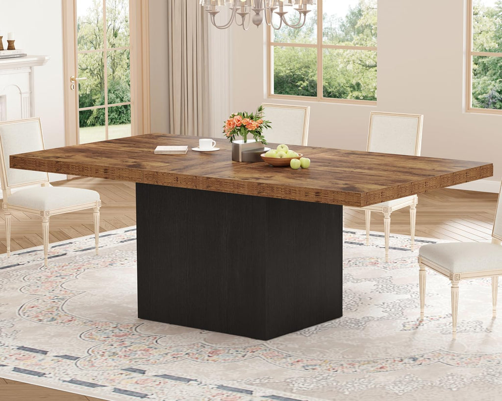 HSH Dining Table for 6 to 8, 71' Wood Rectangular Dinner Table, 6 ft Industrial Kitchen Table only with Black Pedestal, Modern Large Dining Room Table for Home Gathering Office, Rustic Brown, 71 Inch
