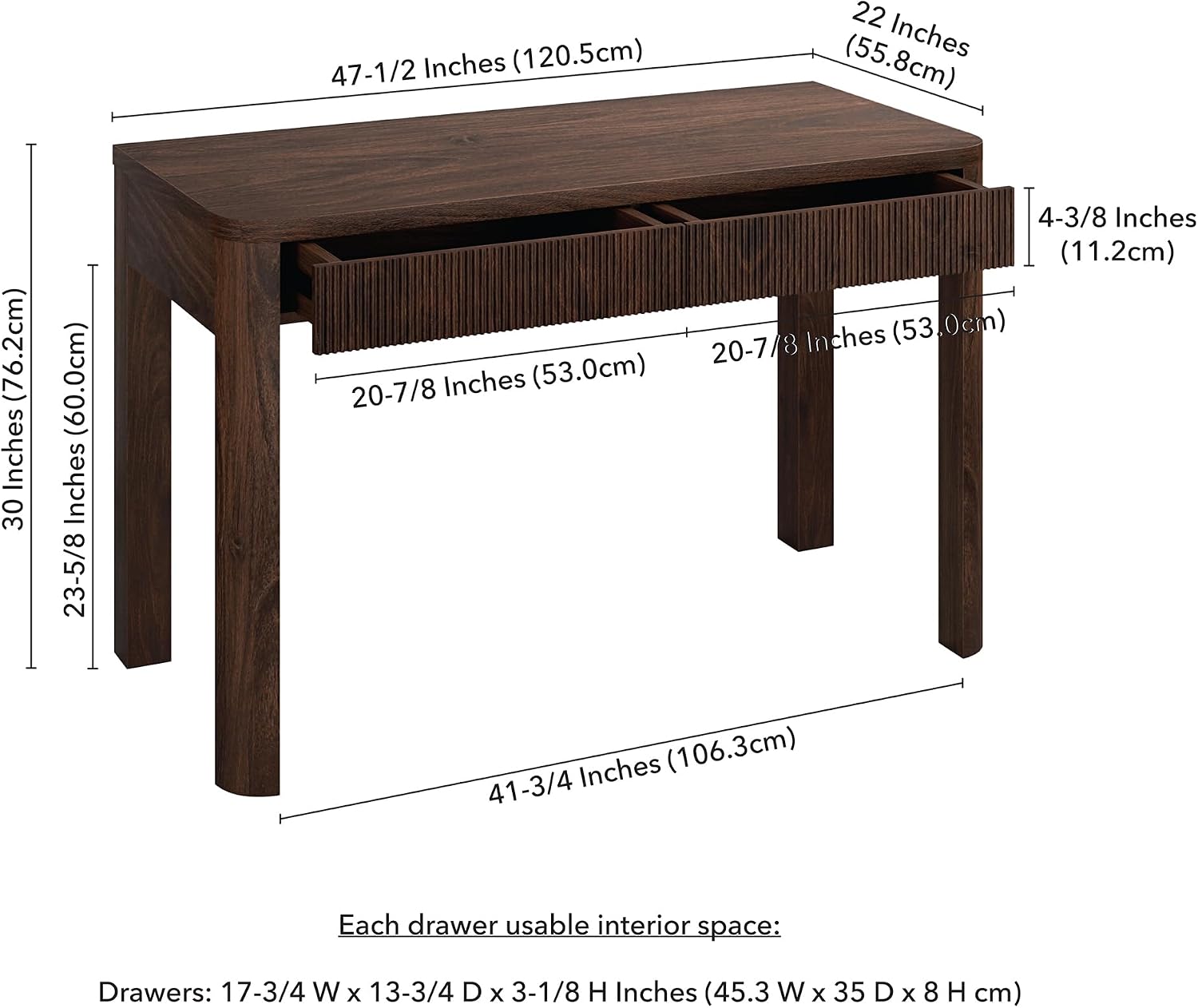 Henn&Hart 48' Fluted Modern Rectangular Home Office Desk Computer Desk Writing Table with 2 Ribbed Storage Drawers for Bedroom, Living Room, or Home Office, Rich Brown