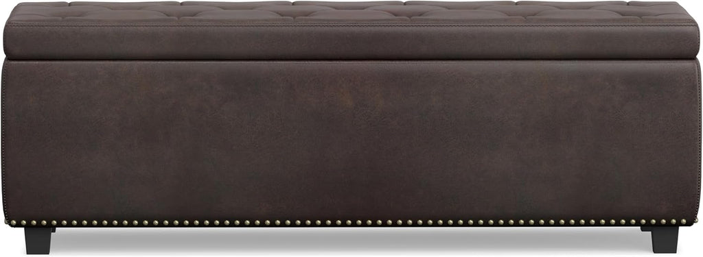 SIMPLIHOME Hamilton Storage Ottoman - 48 inch Wide Upholstered Vegan Leather Rectangle Storage Ottoman Bench in Distressed Brown, Traditional Tufted Ottoman for Living Room with Lift-Up Lid
