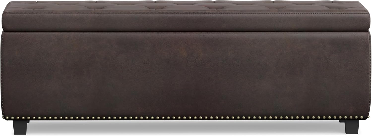 SIMPLIHOME Hamilton Storage Ottoman - 48 inch Wide Upholstered Vegan Leather Rectangle Storage Ottoman Bench in Distressed Brown, Traditional Tufted Ottoman for Living Room with Lift-Up Lid