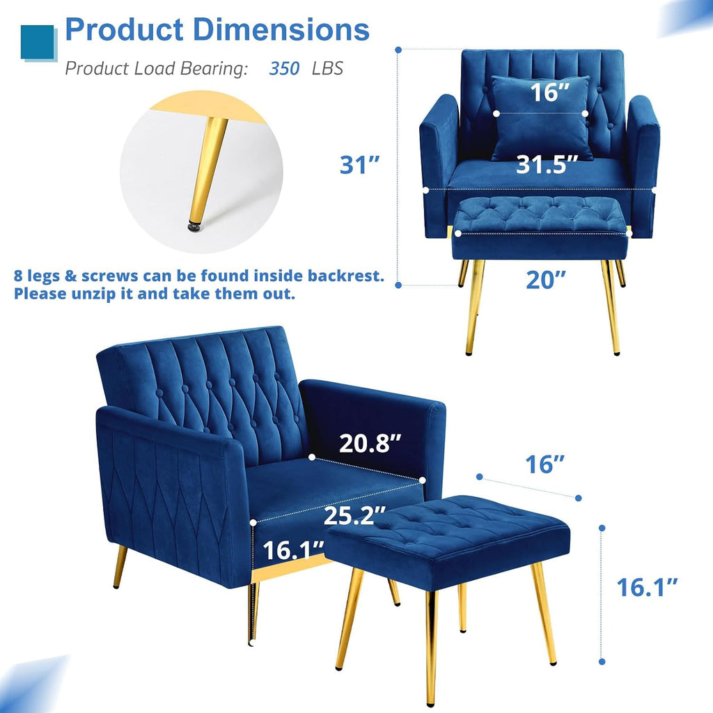 Velvet Accent Chair with Adjustable Armrests and Backrest, Button Tufted Lounge Chair, Single Recliner Armchair with Ottoman and Pillow for Living Room, Bedroom, Blue
