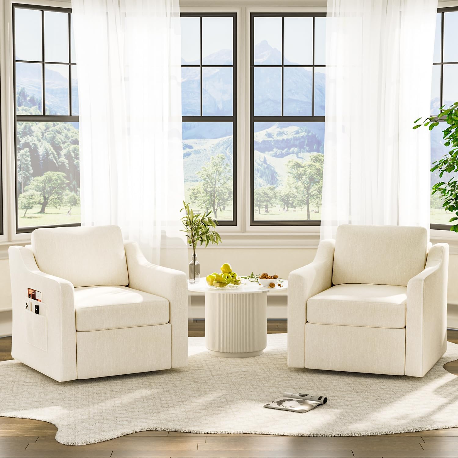 360° Swivel Accent Chair Set of 2, Large Comfy Reading Chairs, Square Single-Seat Armchair Upholstered Sofa for Reading, Nursery, Living Room, Bedroom, Lounge, Hotel, Beige