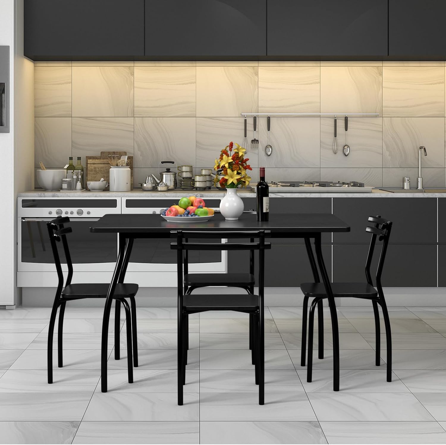 COSTWAY 5-Piece Dining Set Table and 4 Chairs Home Kitchen Room Breakfast Furniture Black
