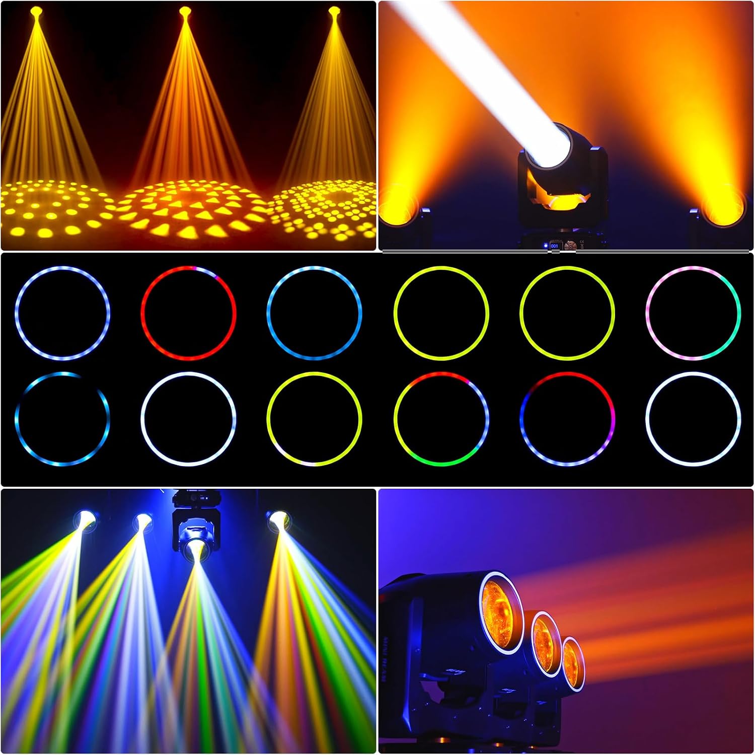 4 Pack Wiwreenm 230W 7R Moving Head Beam Lights with 27 * 0.5W Aperture LED Spotlight,48-Facet Prisms 14 Gobos 14 Colors,DMX-512 Control 18CH Sound Activated DJ Lights
