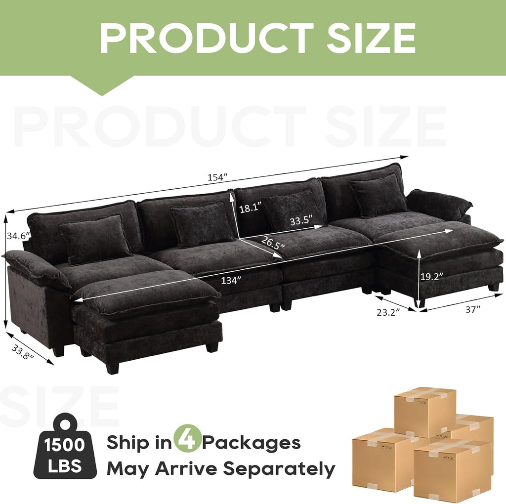 Oprisen 154' Modular Sectional Sofa, Comfy Cloud Couch Sectional Sofa with Ottoman, Chenille Sofa Sleeper Deep Seat Sofa with Throw Pillows for Living Room (Black, 154'- U Shape)