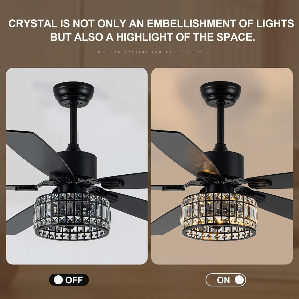 Chandelier Ceiling Fans with Lights and Remote,Caged Ceiling Fan with Light,App 5 Blades E26 Fandelier Ceiling Fans with Lights,Crystal Ceiling Fan for Bedroom,Living Room. (Black, 60 Inch)