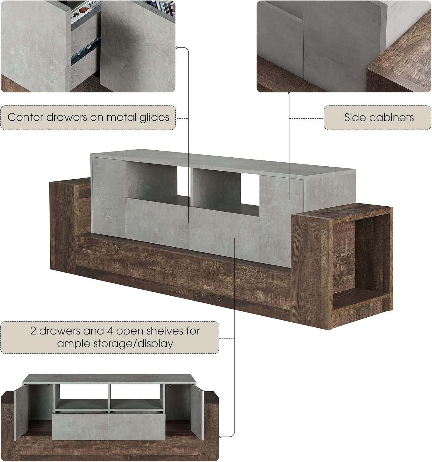 HOMES: Inside + Out Chauncy Contemporary 2 Open Shelves TV Stand with 2 Drawers On Metal Glides, Media Center, for Family Room, Entertainment Room, Entertaining, Movie Night, 71-inch, Gray Concrete