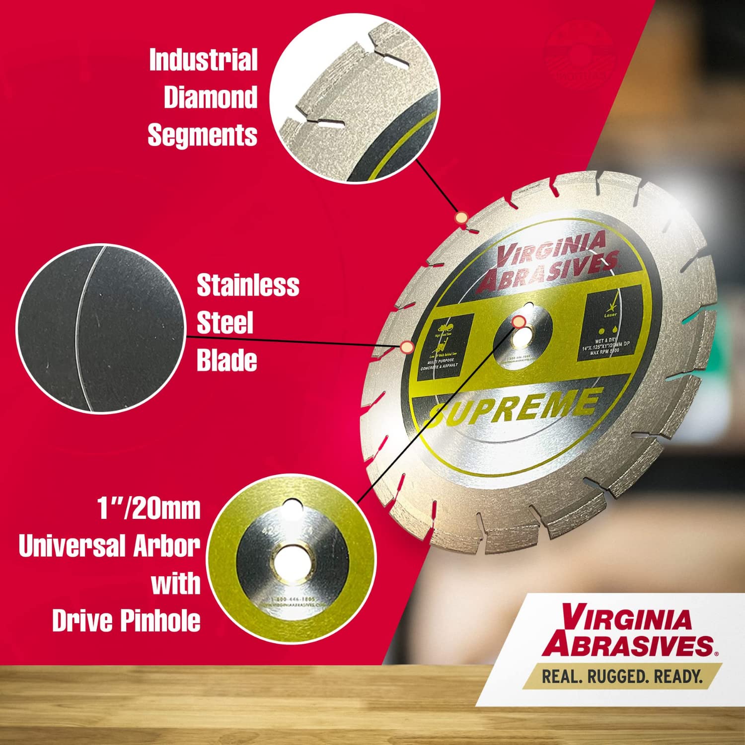 Virginia Abrasives 425-03074 - 1pc 14' Supreme Pro High Speed Diamond Blade - Concrete/Asphalt Cutter - Wet/Dry, Tough Grit, Asphalt Cutting - Evolutionary Design, 14' x .125'x1'/20mm-10mm Segments
