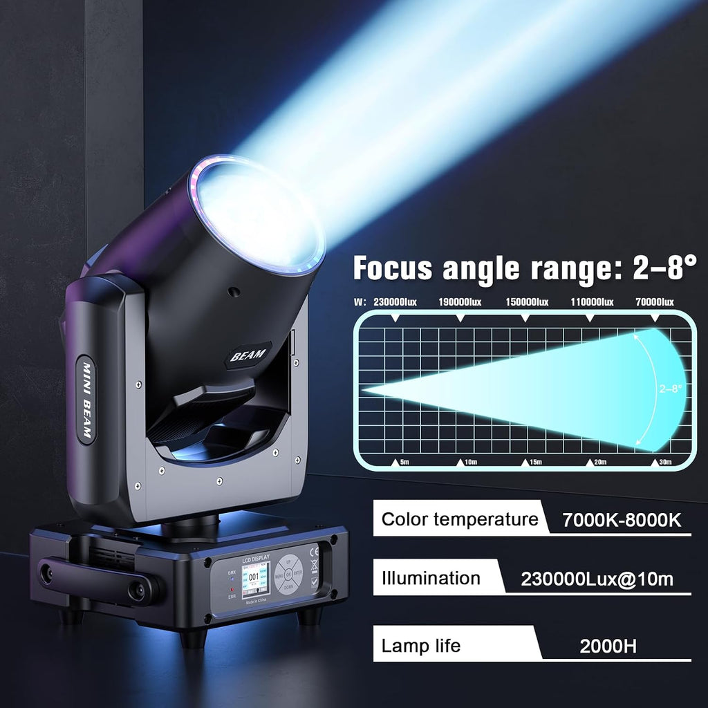 230W 7R Beam Moving Head Stage Light 14 Gobos 14 Colors Prisms/Wash/Beam/Frost/Rainbow Stage Effect Spotlights 48-Facet Prism 2.3° Beam Angle 18CH DMX512 Sound Activated Lights