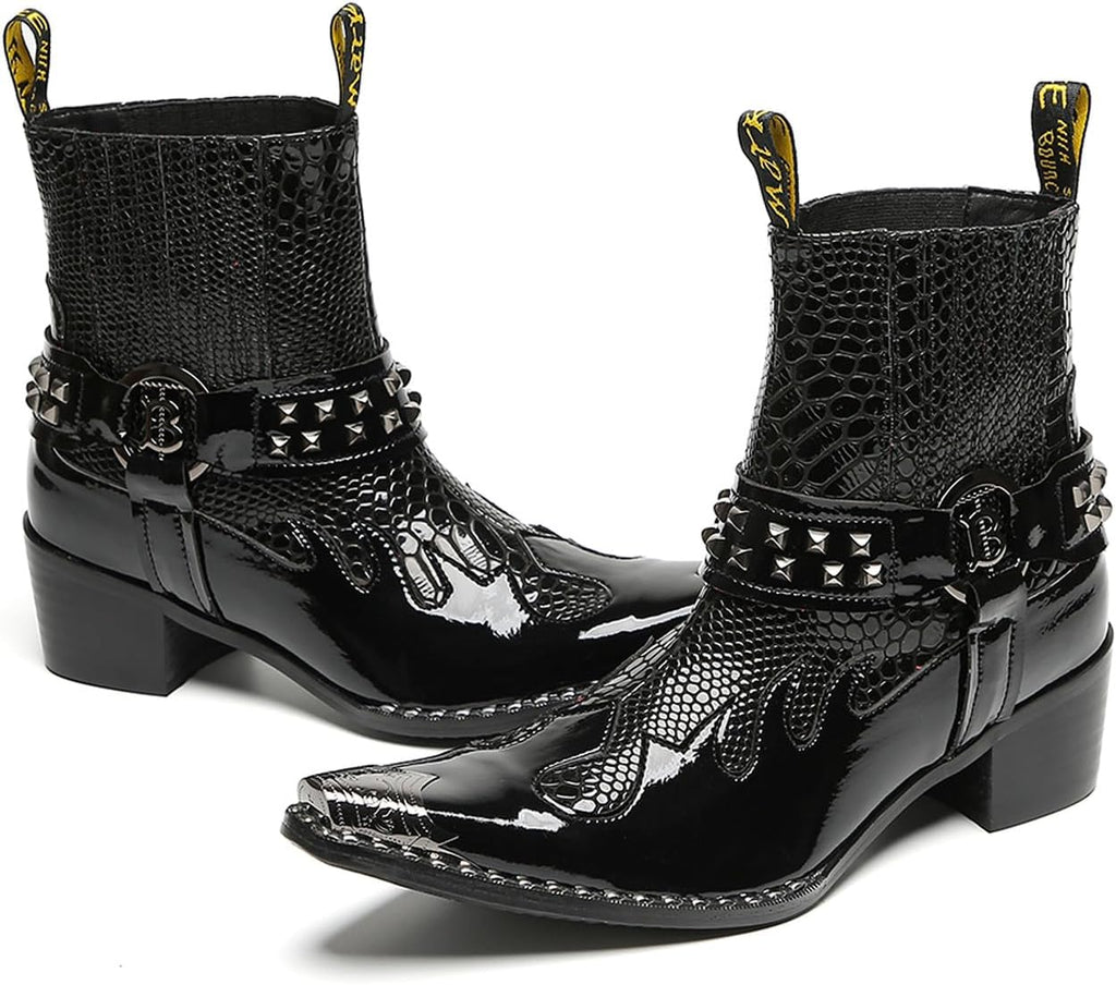 Santimon Men's Genuine Leather Western Chelsea Cowboy Boots | Mid-Top with Metallic Wingtip Toe & Snakeskin Buckle | Dress-to-Casual for Stage, Neon Nights