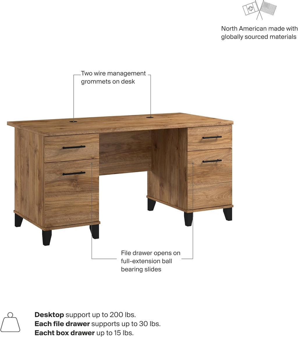 Bush Home 60-Inch Office Desk with Drawers, Computer Desk with File and Box Drawers, Home Office Workstation with Storage Cabinet, Writing Desk Furniture, Somerset Collection, Fresh Walnut