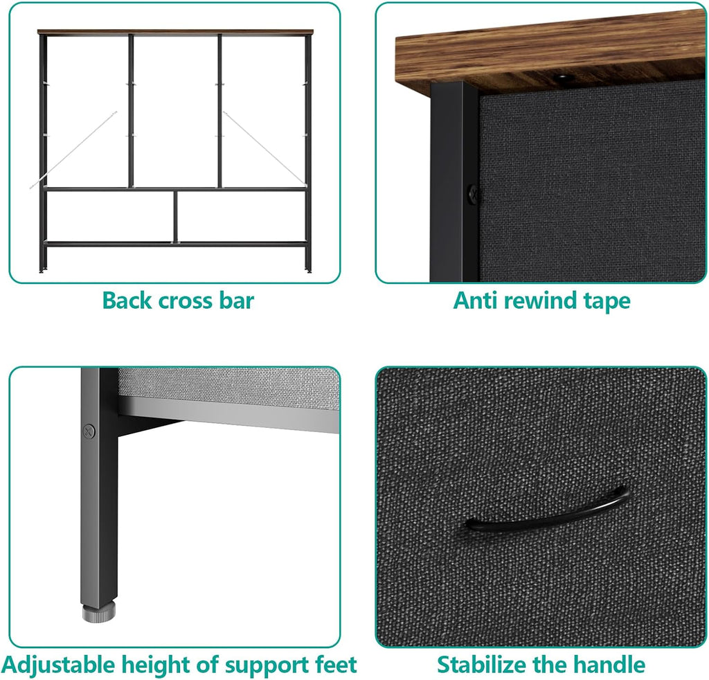 VASICAR 43.3' Wide Fabric Dresser for Bedroom, Chest of Drawers with 11 Deep Drawers, Multi-Drawers TV Stand TV Console, Storage Organizer for Closet, Nursery (Black)