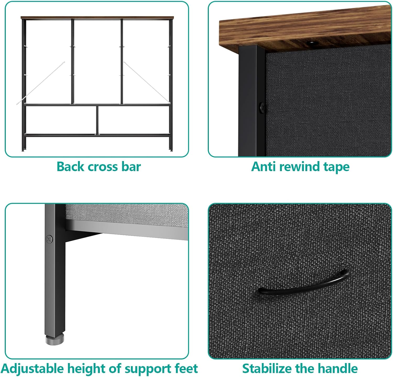 VASICAR 43.3' Wide Fabric Dresser for Bedroom, Chest of Drawers with 11 Deep Drawers, Multi-Drawers TV Stand TV Console, Storage Organizer for Closet, Nursery (Black)