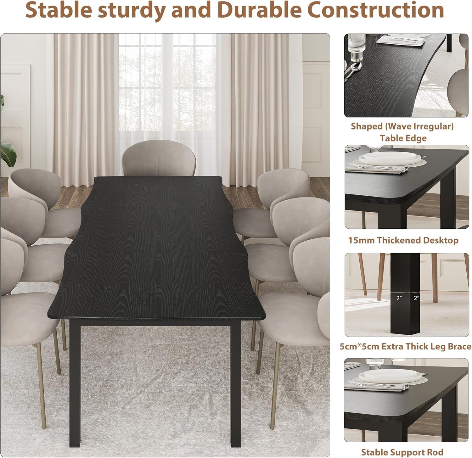 Dining Table for 6-8, 79 Inch Rectangular Kitchen Table with Wave Irregular Edge, Sturdy Metal Legs,Industrial Wooden Long Table for Dining Room, Home Office, Black