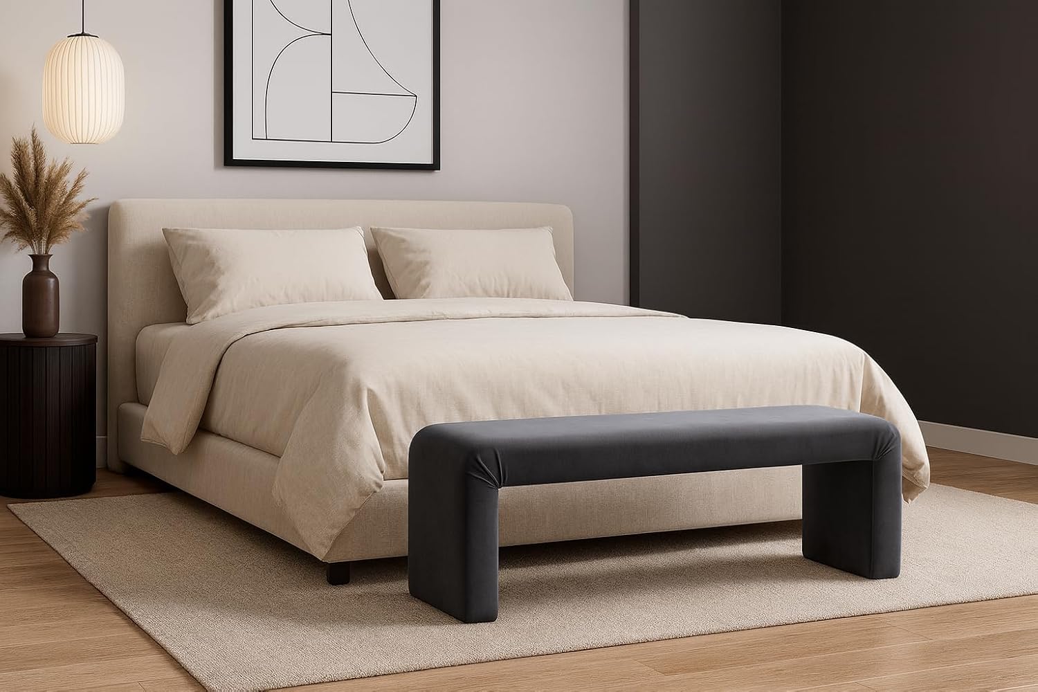 Meridian Furniture Minimalist Collection Modern | Contemporary Velvet Upholstered Bench, 53' W x 14.75' D x 18.25' H, Grey