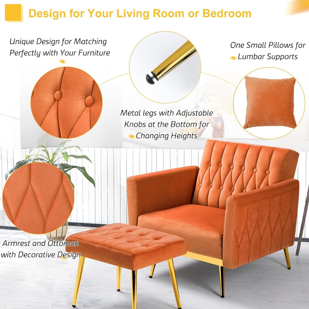 Velvet Accent Chair w/Adjustable Armrests and Backrest, Button Tufted Lounge Chair, Single Recliner Armchair with Ottoman and Pillow for Living Room, Bedroom,Orange