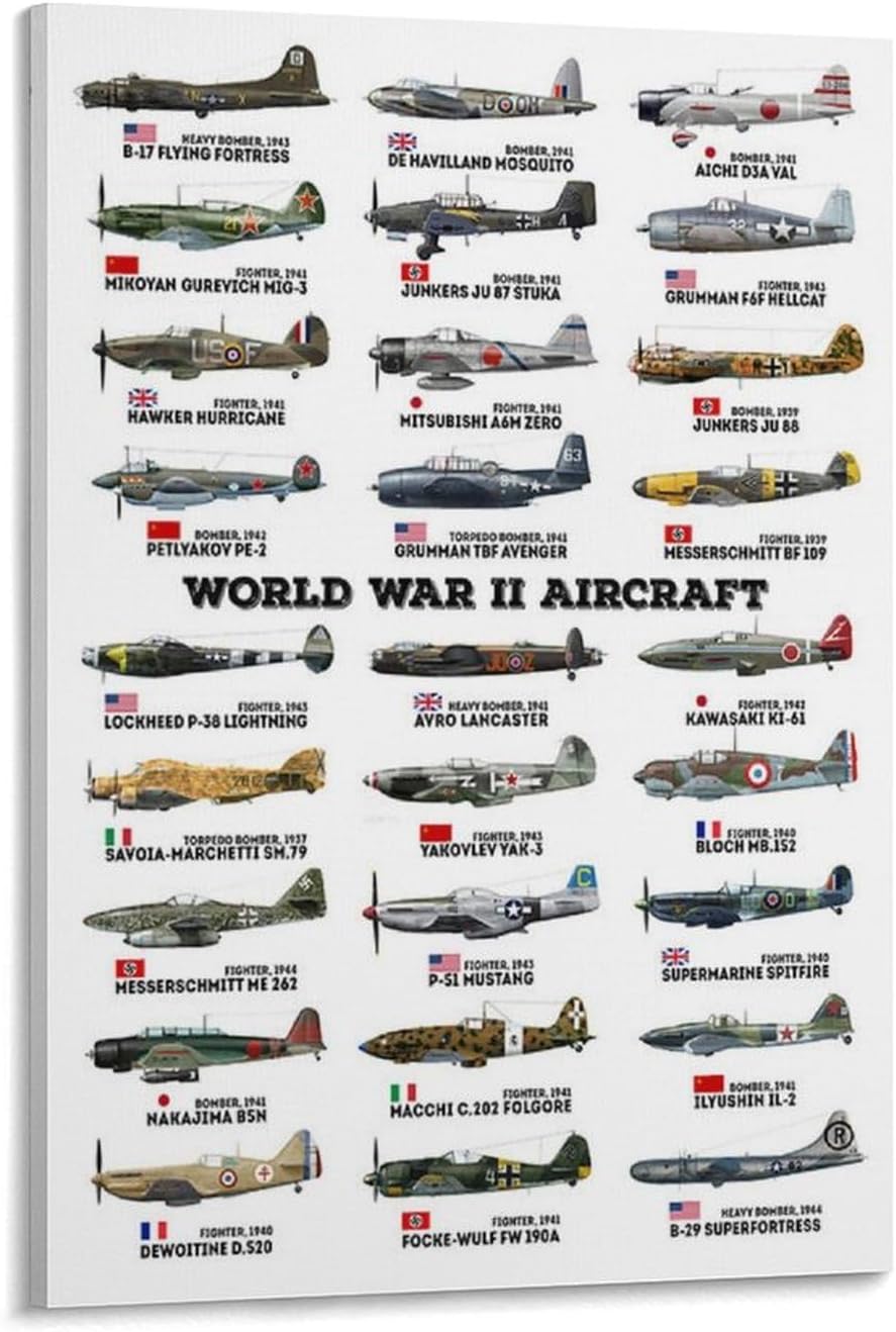 World War II Military Aircraft Art Print WW2 Warplanes Wall Art WWII Airplane Poster Home Wall Decor Army Air Force Historical Gifts Canvas Wall Art Print 24x36inch(60x90cm)