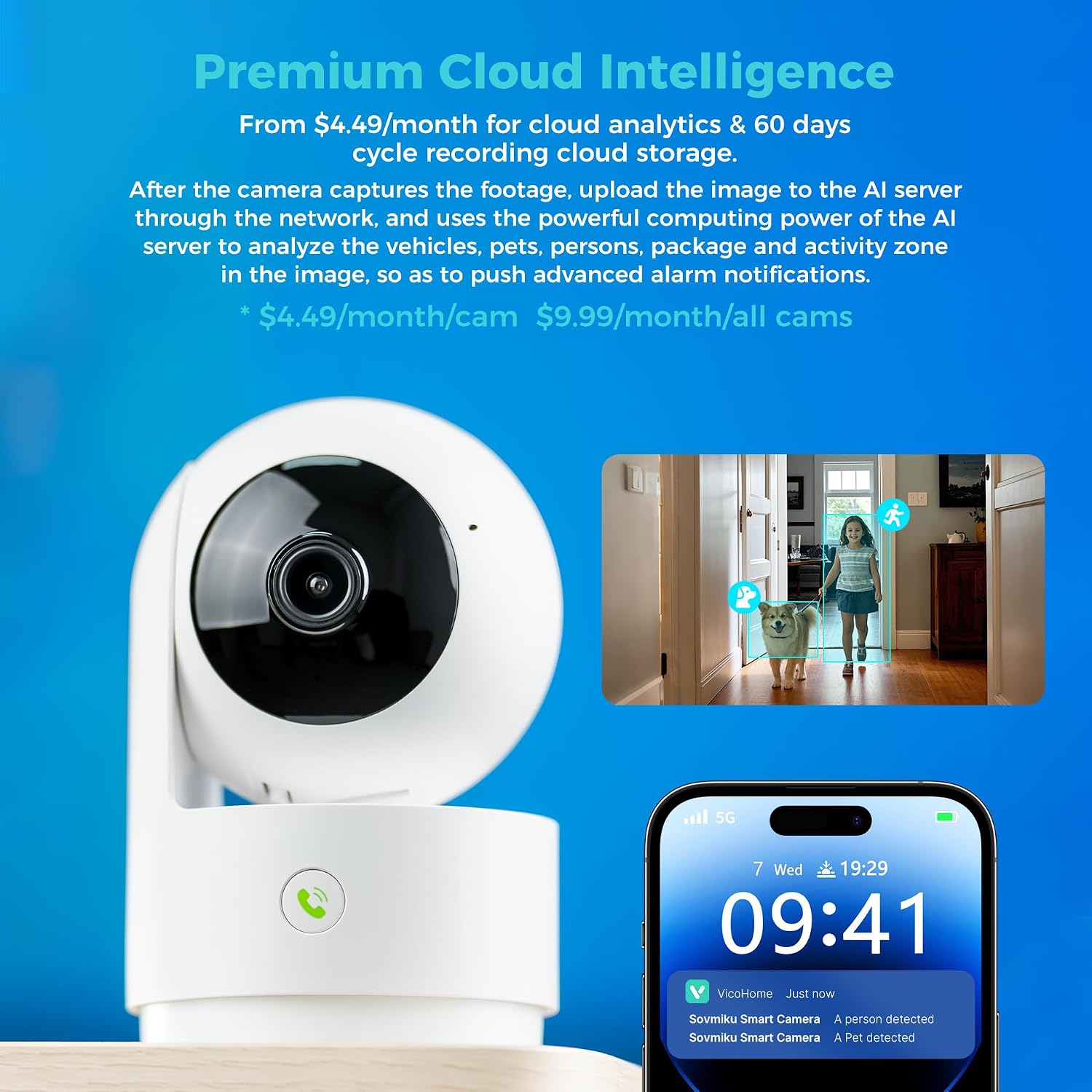 SOVMIKU Vicohome AI 2K Outdoor Solar Battery Security Cam & Indoor Plug-in Cam System, Two Way Audio, Motion Detection, 360° View, Easy to Setup, Color Night Vision, Audible Siren,180 Days Care Plan