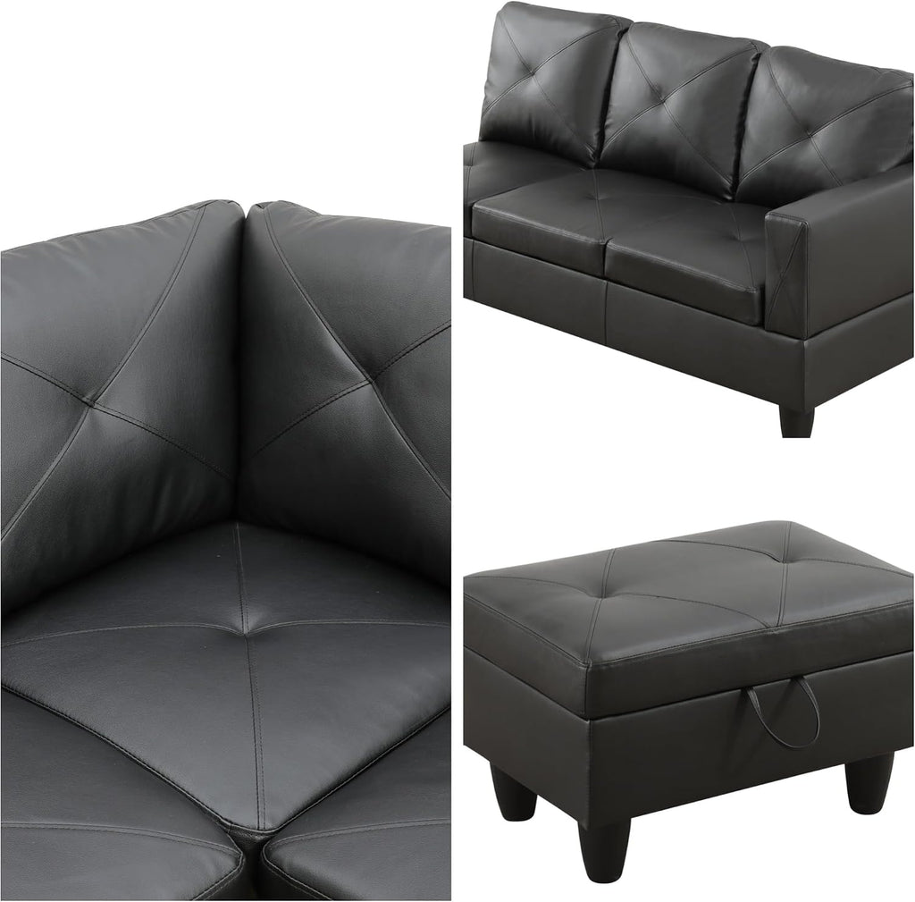 L-Shaped Sectional Sofa with Movable Chaise & Storage Ottoman, Leather 3-Piece Modular Convertible Couches for Living Room, Apartment & Office, Dark Black