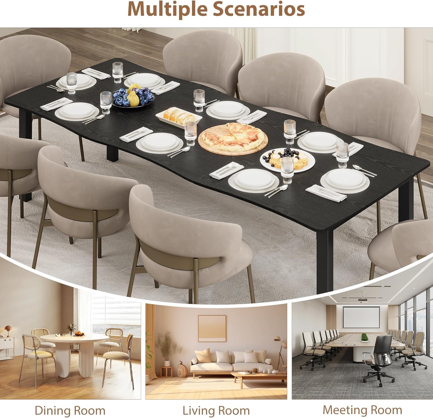 Dining Table for 6-8, 79 Inch Rectangular Kitchen Table with Wave Irregular Edge, Sturdy Metal Legs,Industrial Wooden Long Table for Dining Room, Home Office, Black