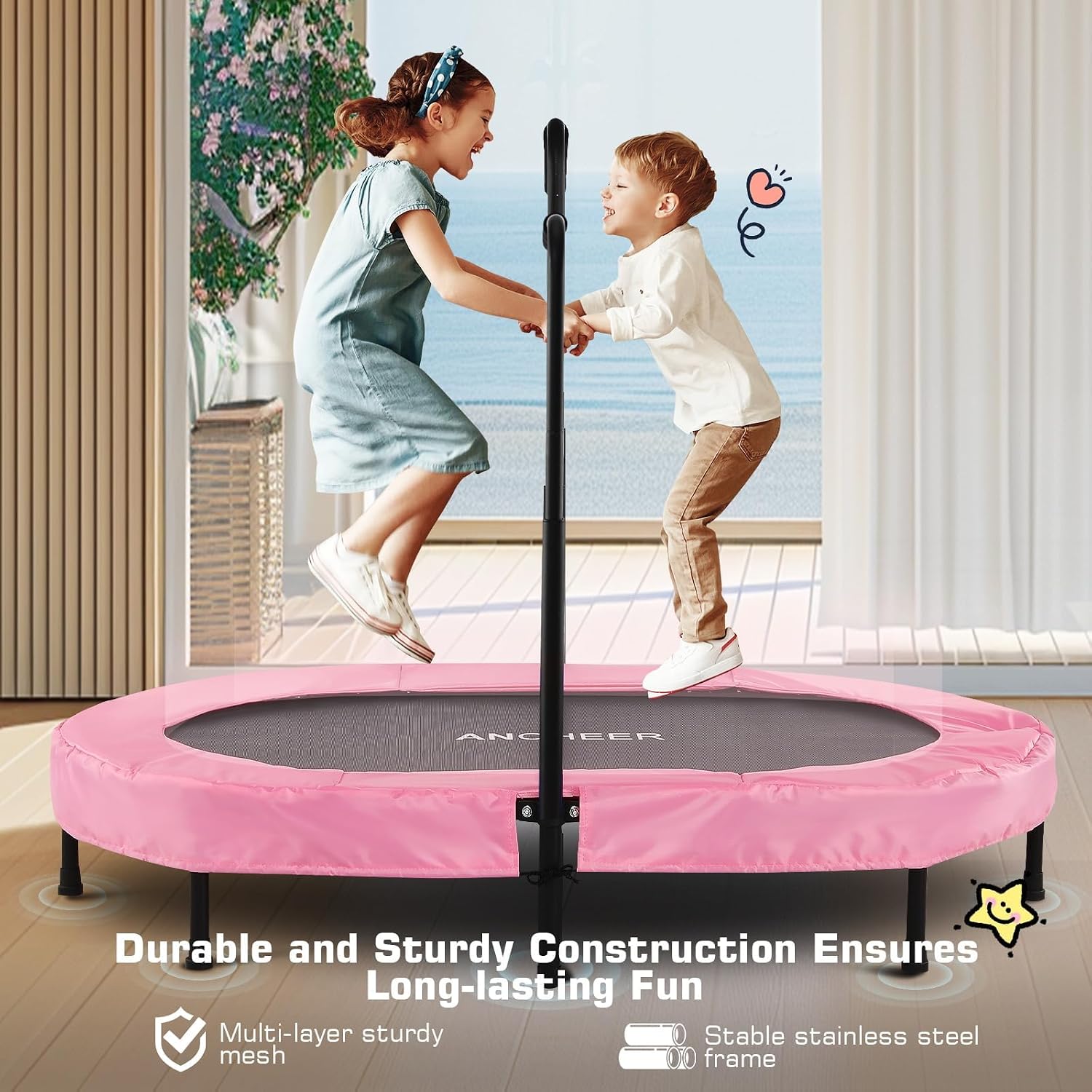 ANCHEER Trampoline for Kids, Toddler Trampoline Indoor Sports and Outdoor Games 56' Kids Rebounder 220LBS Capacity with Adjustable Safety Handrail Foldable Jumper for Boys and Girls