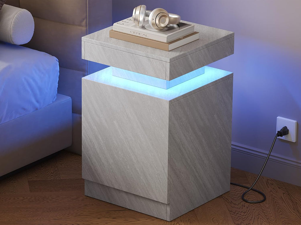 Nightstands Set 2, 15 Inches LED Night Stand Set of 2, Modern Bedside Table with LED Lights, High Gloss Surface, End Table with Storage for Bedroom, Grey