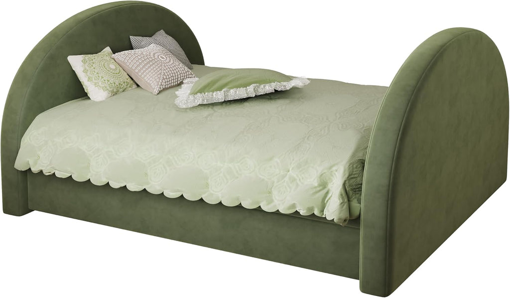 Christopher Knight Home Leonhart Velvet Upholstered Full Size Bed Frame with Headboard/Footboard, Day Bed Frame with Pull-Out Functionality, Iron Frame + Wooden Slat Trundle Bed Full, Olive Green