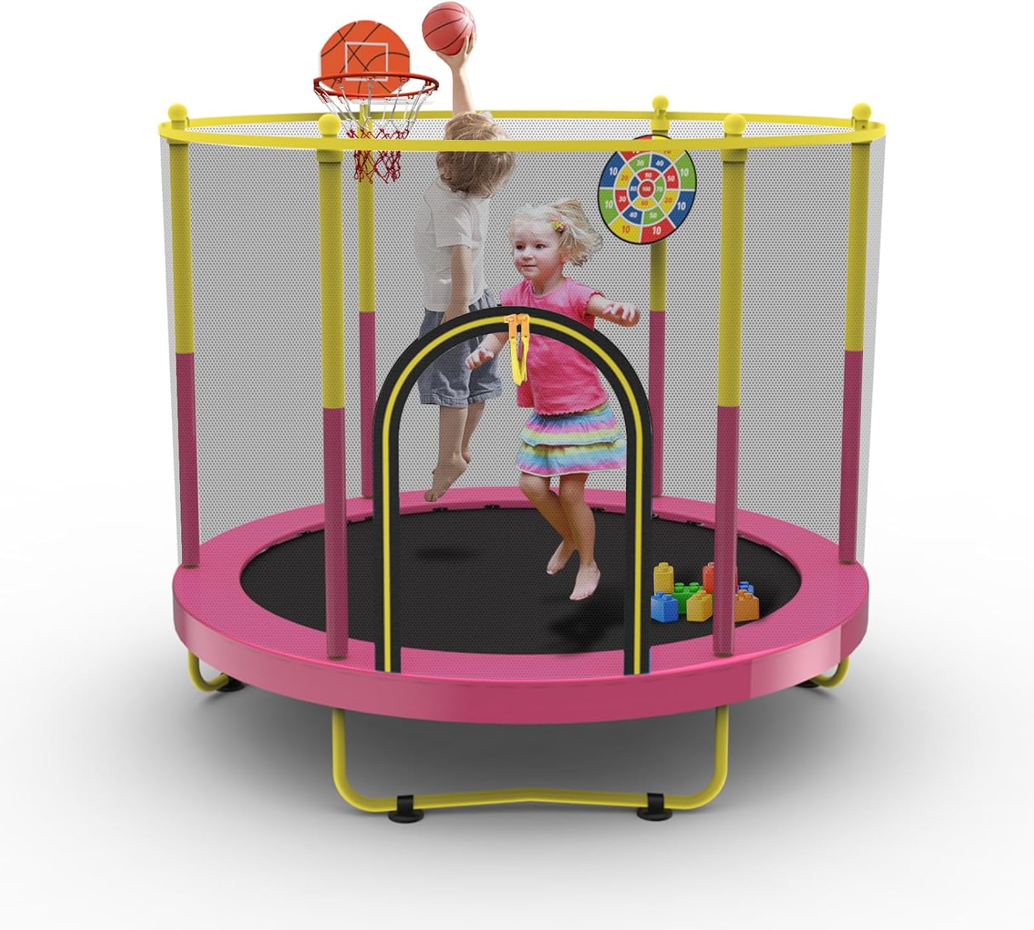 72' Trampoline for Kids with Net,6 FT Indoor & Outdoor Small Toddler Trampoline with Basketball Hoop & Dart Board for Ages 1-8, Birthday Gifts for Boys & Girls, Baby Toddler Christmas Toys