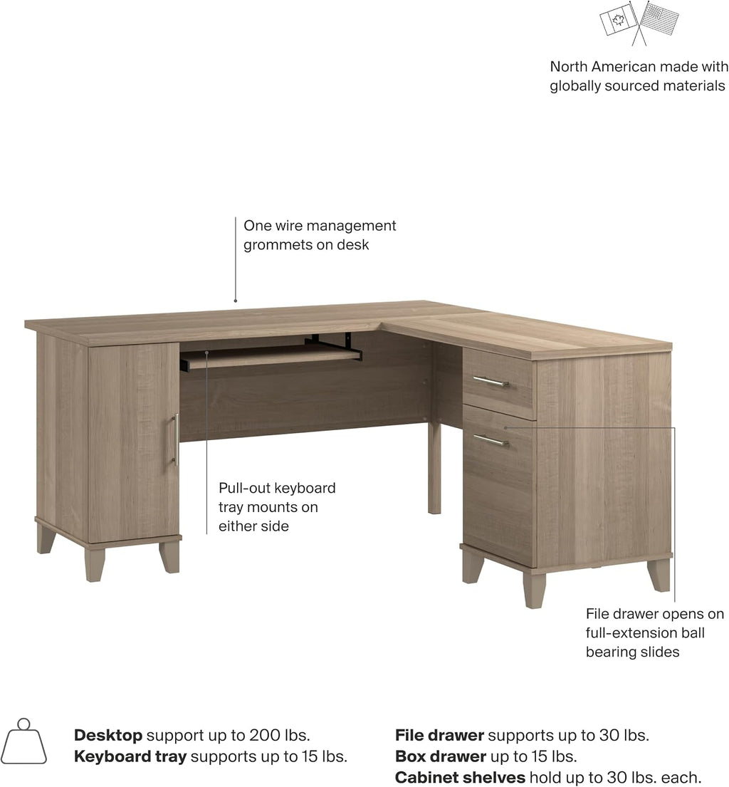 Bush Home 60-Inch L-Shaped Desk with Storage, Corner Computer Office Desk with Drawers and Storage Cabinet, Home Office Furniture, Somerset Collection, Ash Gray