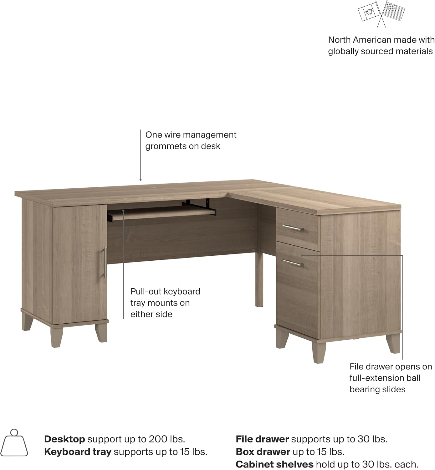 Bush Home 60-Inch L-Shaped Desk with Storage, Corner Computer Office Desk with Drawers and Storage Cabinet, Home Office Furniture, Somerset Collection, Ash Gray