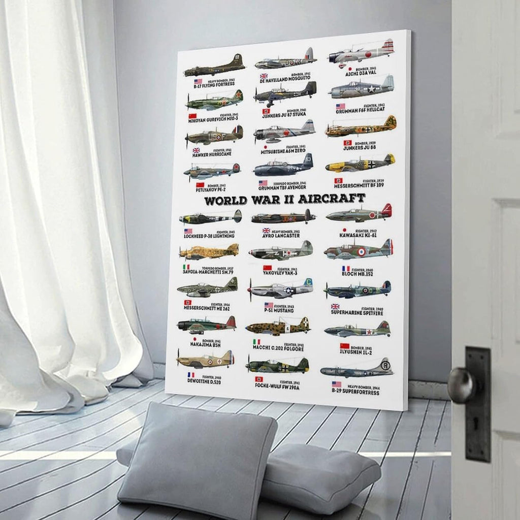 World War II Military Aircraft Art Print WW2 Warplanes Wall Art WWII Airplane Poster Home Wall Decor Army Air Force Historical Gifts Canvas Wall Art Print 24x36inch(60x90cm)