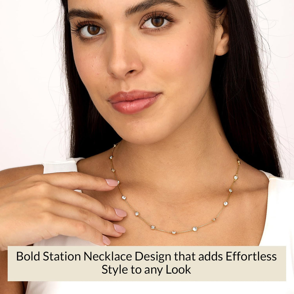 Everyday Elegance 14K White & Yellow Gold Cubic Zirconia Station Cable Chain Necklace for Women | 18' Cable Chain with Spring Ring Clasp | 2 MM, 3.5MM & 4 MM Round CZ Stones | With Jewelry Gift Box