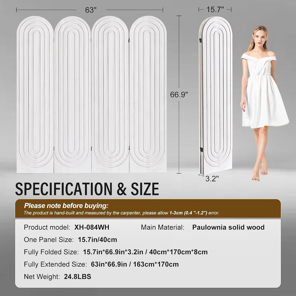 Room Divider and Folding Privacy Screen 4 Panel Wood Arched Room Divider Wall, Separators Divider for Room Separation, Folding Portable Partition Screen for Home Office Bedroom (White)