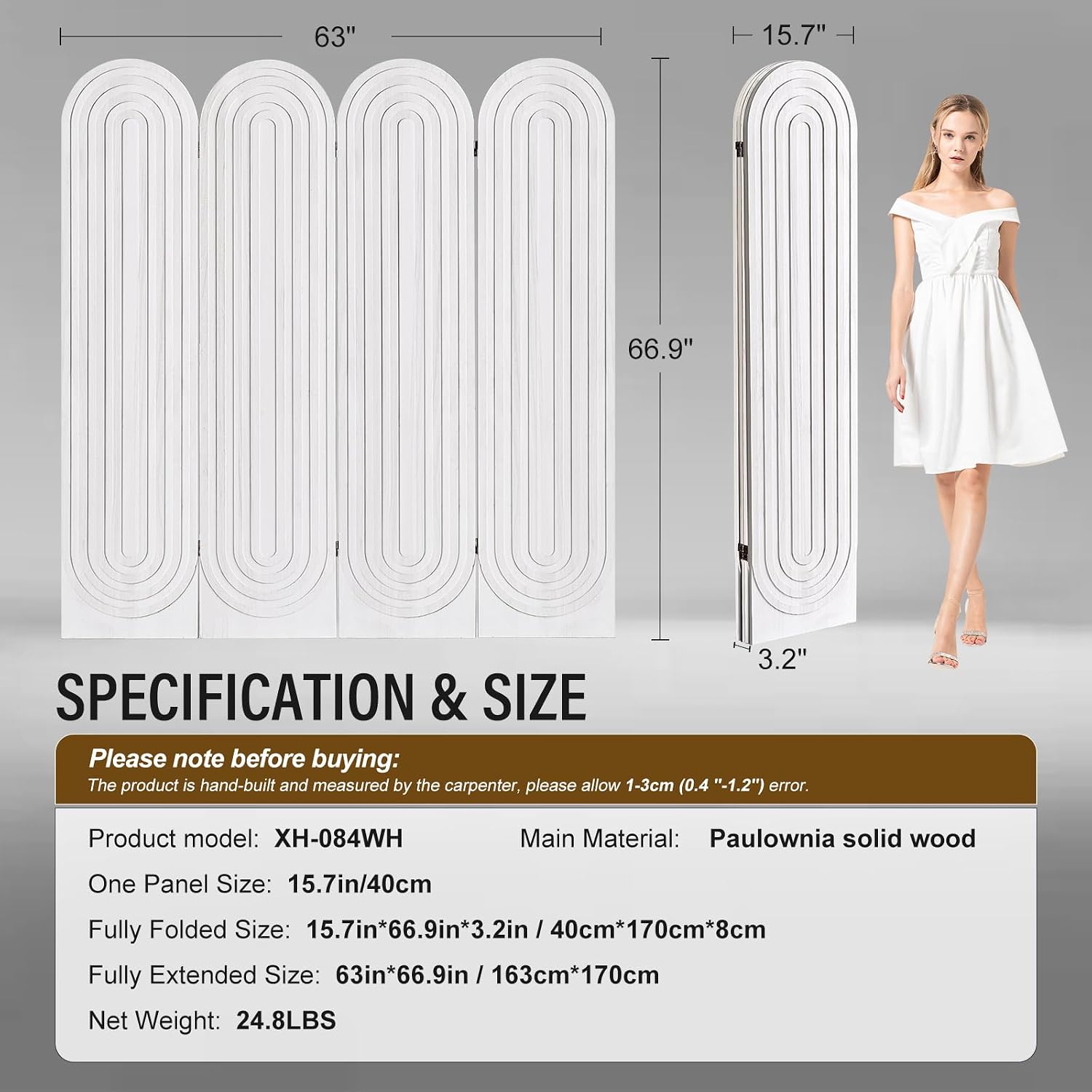 Room Divider and Folding Privacy Screen 4 Panel Wood Arched Room Divider Wall, Separators Divider for Room Separation, Folding Portable Partition Screen for Home Office Bedroom (White)