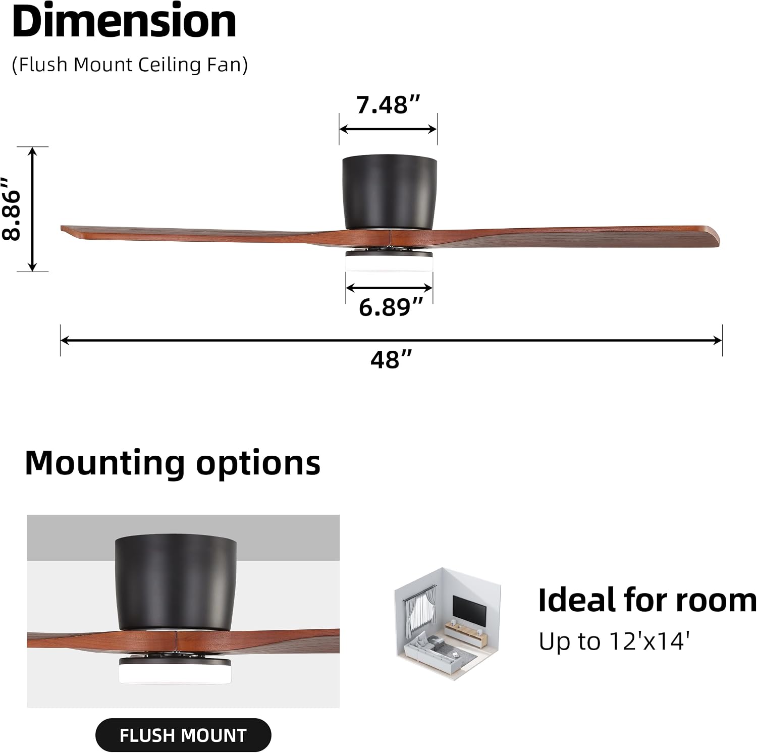 WINGBO 48 Inch Flush Mount DC Ceiling Fan, 3CCT Dimmable Light, 3 Carved Wood Blades, 6-Speed Noiseless Reversible DC Motor, Hugger Low Profile Fan, Matte Black Finish with Walnut Blades, ETL Listed