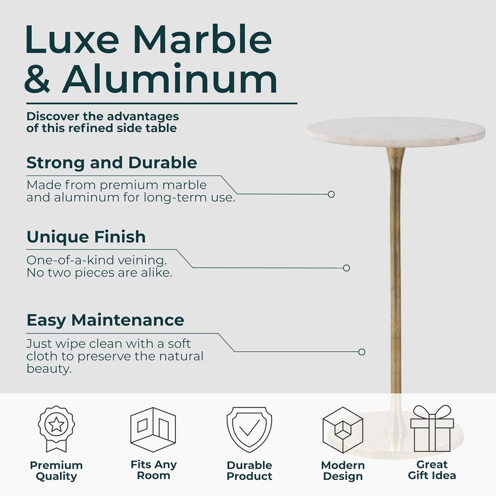 Glam End Table, Side Table, or Small Night Stand for Home Decor – Bold Metal Table with Luxurious Round Marble Top Ideal for Office, Bedroom, or Living Room – Sturdy Table for Small Spaces – 24' Gold