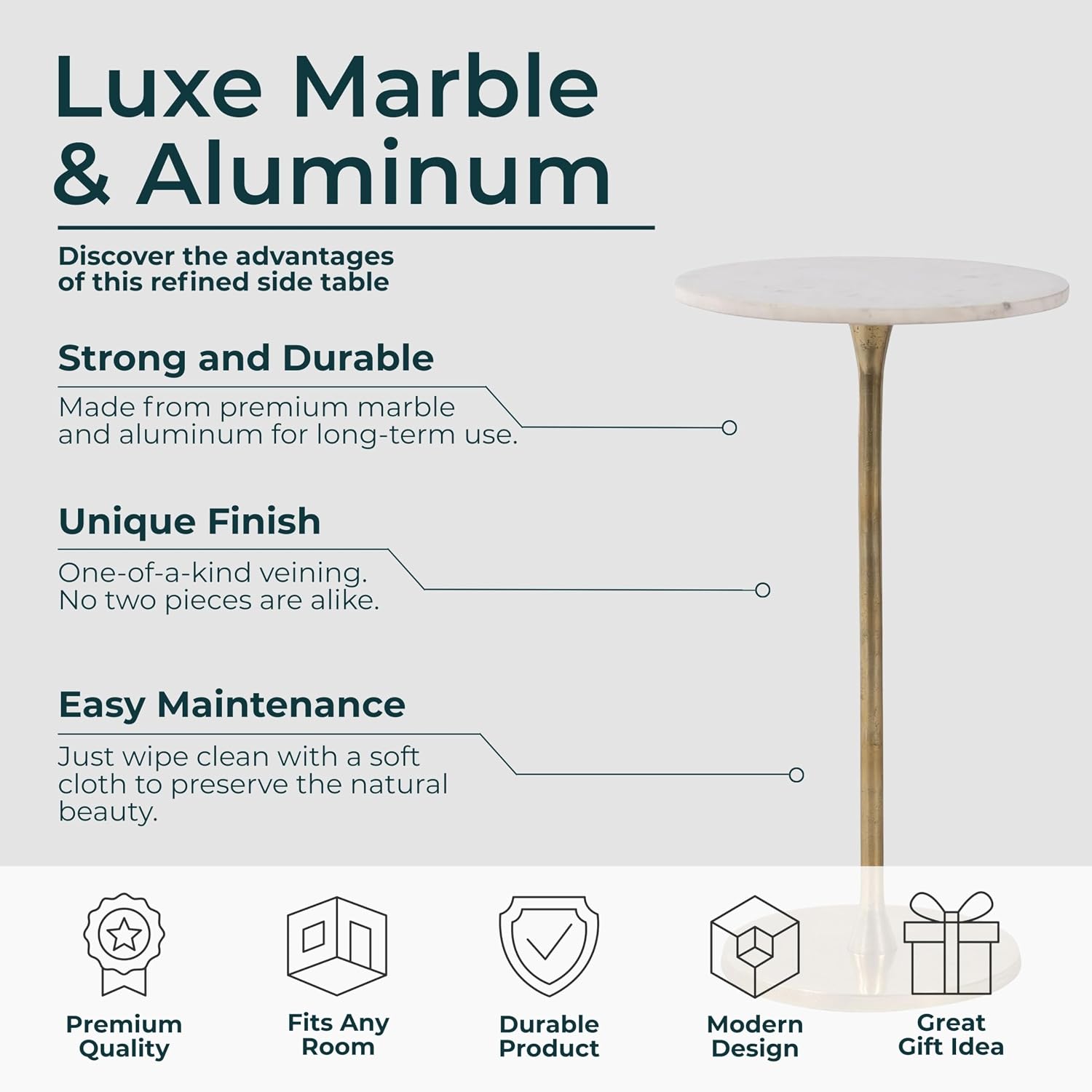 Glam End Table, Side Table, or Small Night Stand for Home Decor – Bold Metal Table with Luxurious Round Marble Top Ideal for Office, Bedroom, or Living Room – Sturdy Table for Small Spaces – 24' Gold