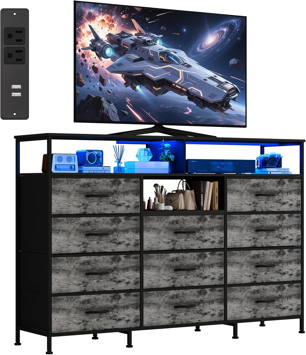 Dresser for Bedroom with LED Lights & Charging Station, 11 Drawer Dressers & Chests of Drawers, Steel Frame, Wood Top, 55 ' Fabric Dresser TV Stand for Bedroom,Hallway, Storage Organization, Entryway