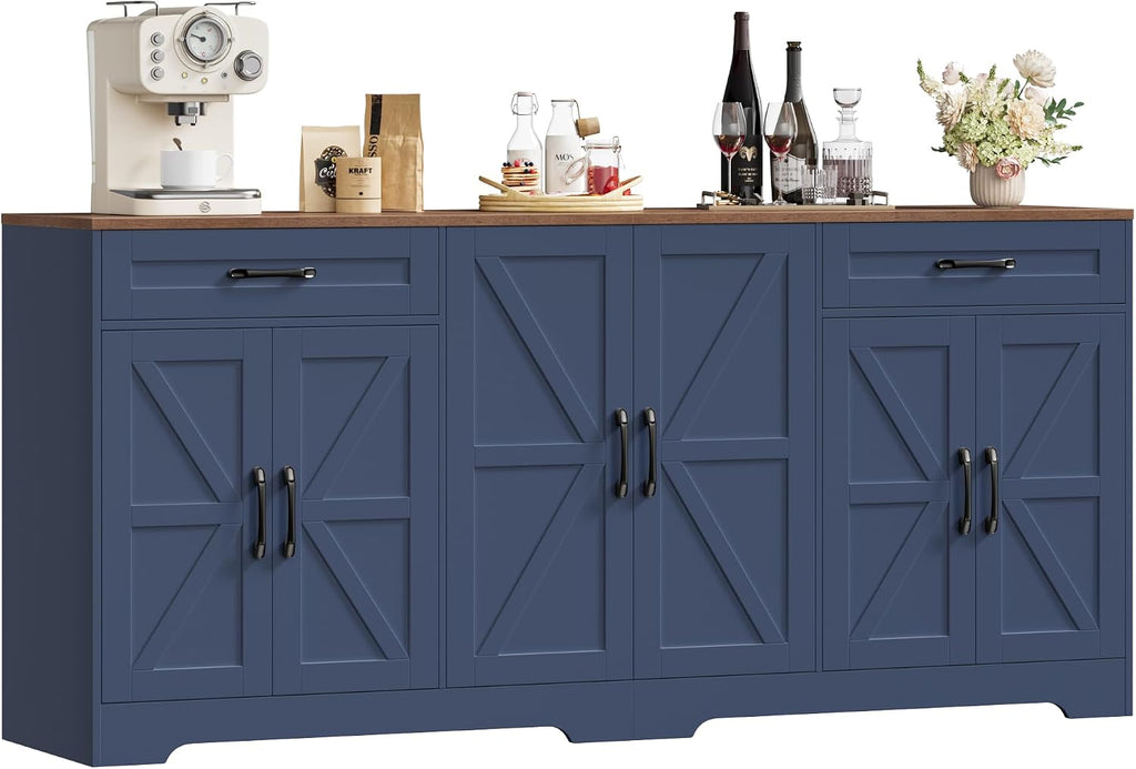 71' Large Sideboard Buffet Cabinet with Storage, Farmhouse Kitchen Buffet Cabinet with Adjustable Shelves and 6 Barn Doors, Wood Coffee Wine Bar Console Table for Kitchen, Dining Room, Navy Blue