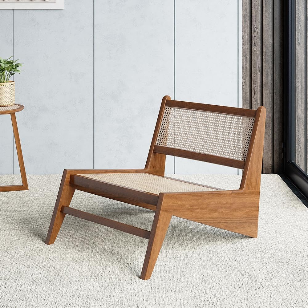 homary Mid Century Modern Chair Japandi Walnut Rattan and Wood Lounge Chairs Armless Accent Chair for Living Room Bedroom Balcony & Patio