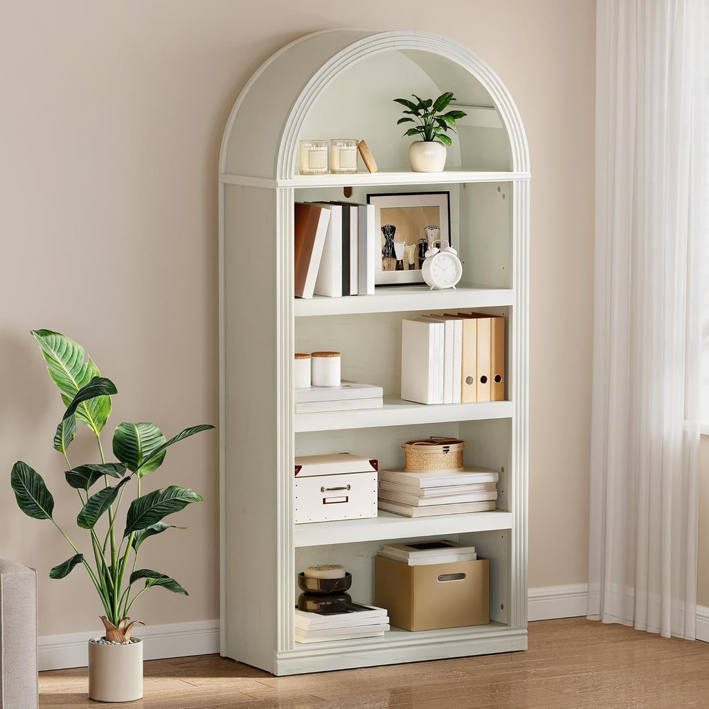 YITAHOME Vintage 68.5' Tall Arched Bookshelf, Tall Bookcase 5 Tiers Arched Bookcase with Storage, White Bookshelf Display Storage Rack with Adjustable Shelves for Living Room, Office, Antique White