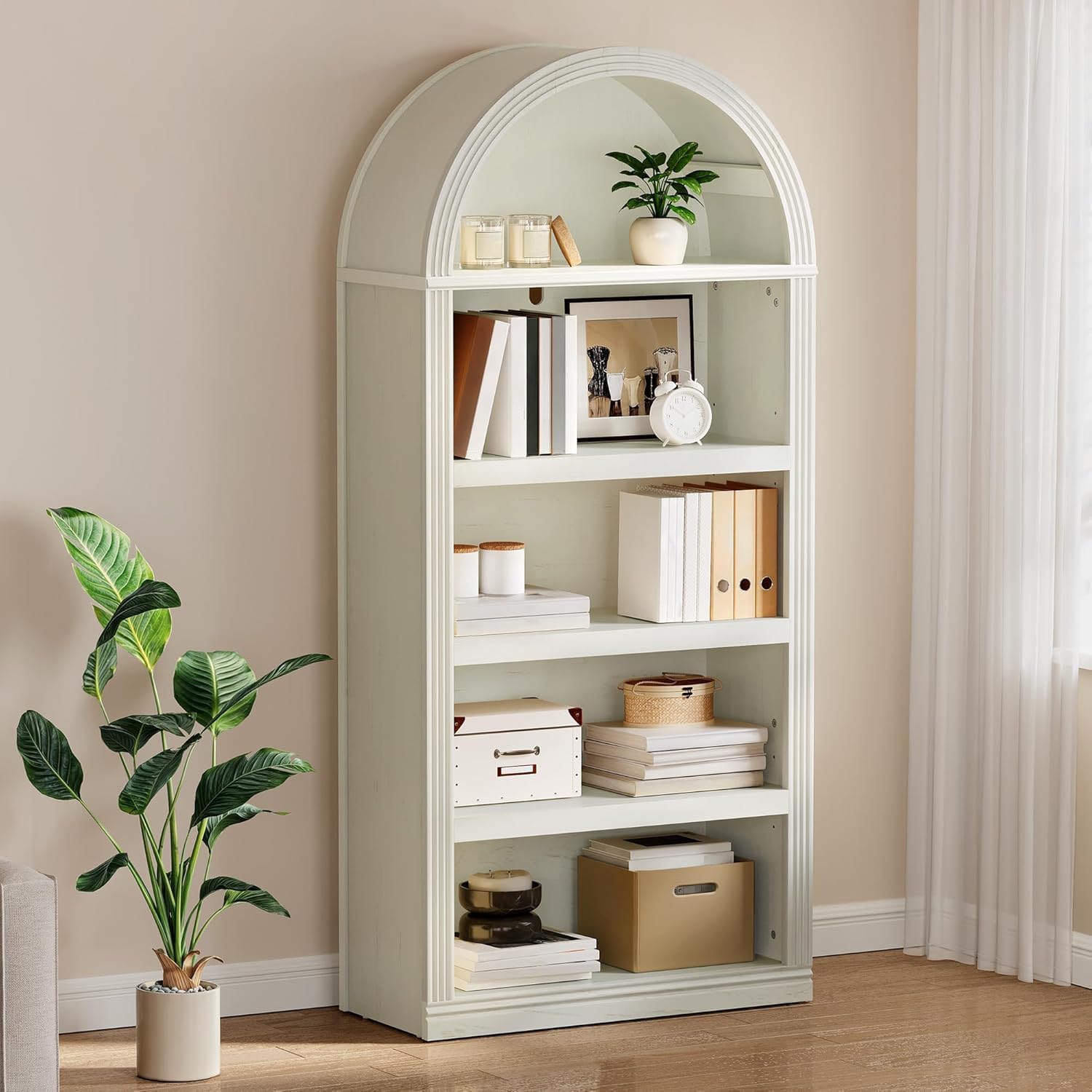 YITAHOME Vintage 68.5' Tall Arched Bookshelf, Tall Bookcase 5 Tiers Arched Bookcase with Storage, White Bookshelf Display Storage Rack with Adjustable Shelves for Living Room, Office, Antique White