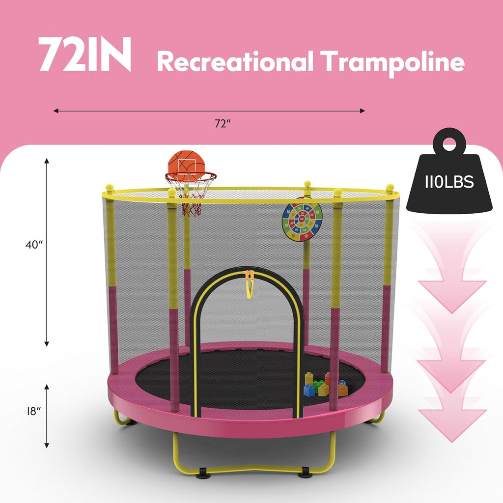 72' Trampoline for Kids with Net,6 FT Indoor & Outdoor Small Toddler Trampoline with Basketball Hoop & Dart Board for Ages 1-8, Birthday Gifts for Boys & Girls, Baby Toddler Christmas Toys