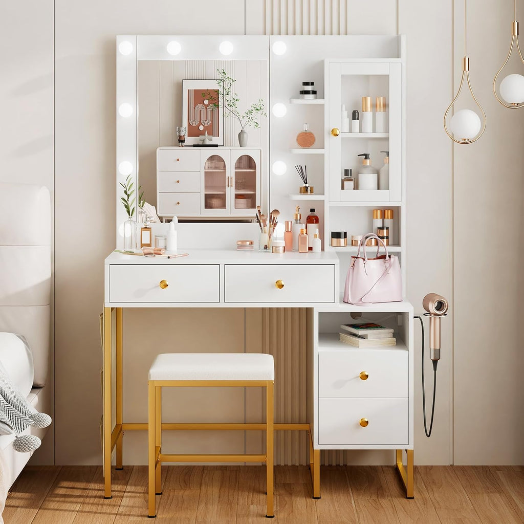 Modern Vanity Desk with HD Mirror and Lights, Makeup Table with 4 Drawers and Glass Cabinet, 3 Lighting Color Adjustable, Girls Dressing for Bedroom