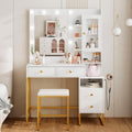 Modern Vanity Desk with HD Mirror and Lights, Makeup Table with 4 Drawers and Glass Cabinet, 3 Lighting Color Adjustable, Girls Dressing for Bedroom
