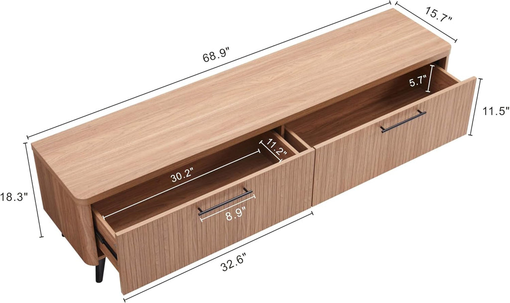 Manhattan Comfort Jodie 69' TV Stand with Wood Ribbed Drawers, Mid Century Modern Console Table for Televisions up to 60', Entertainment Center Storage Solution for Living Room, Maple