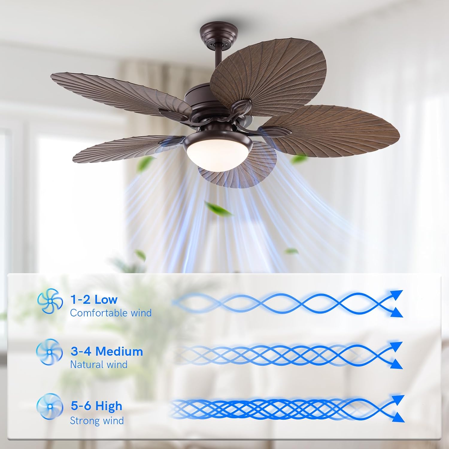 52 Inch Tropical Palm Leaf Ceiling Fan with Light and Remote, Indoor/Outdoor Ceiling Fan with Reversible Quiet DC Motor, Dimmable LED Light, 6 Speeds, for Patio, Porch, Living Room, Bedroom