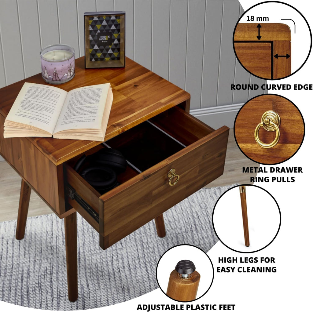 Bme Caden Solid Wood Nightstand/Side Table/End Table, Fully Assembled, with 1-Drawer for Mid Century Bedroom and Living Room, Caramel