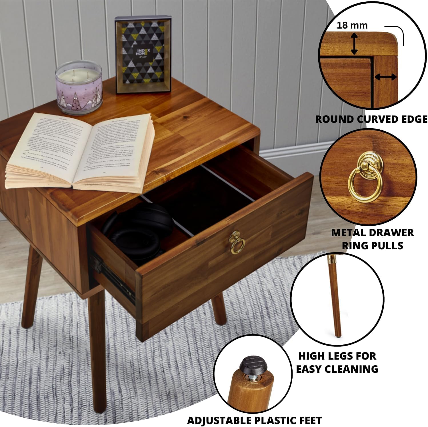 Bme Caden Solid Wood Nightstand/Side Table/End Table, Fully Assembled, with 1-Drawer for Mid Century Bedroom and Living Room, Caramel